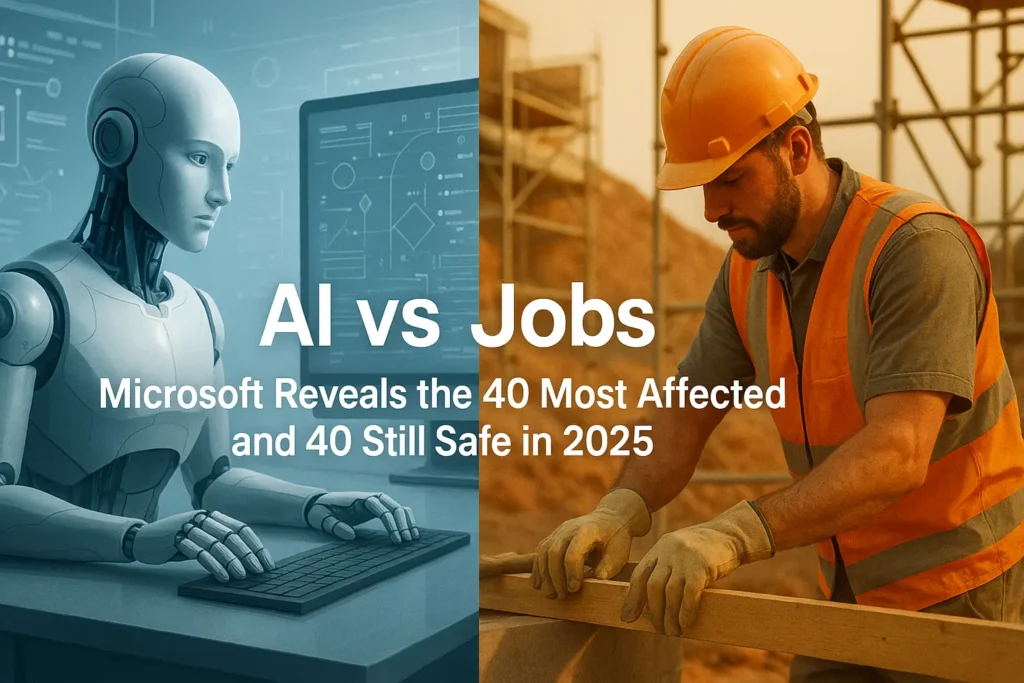 AI vs Jobs split scene showing robotic content writer and real construction worker