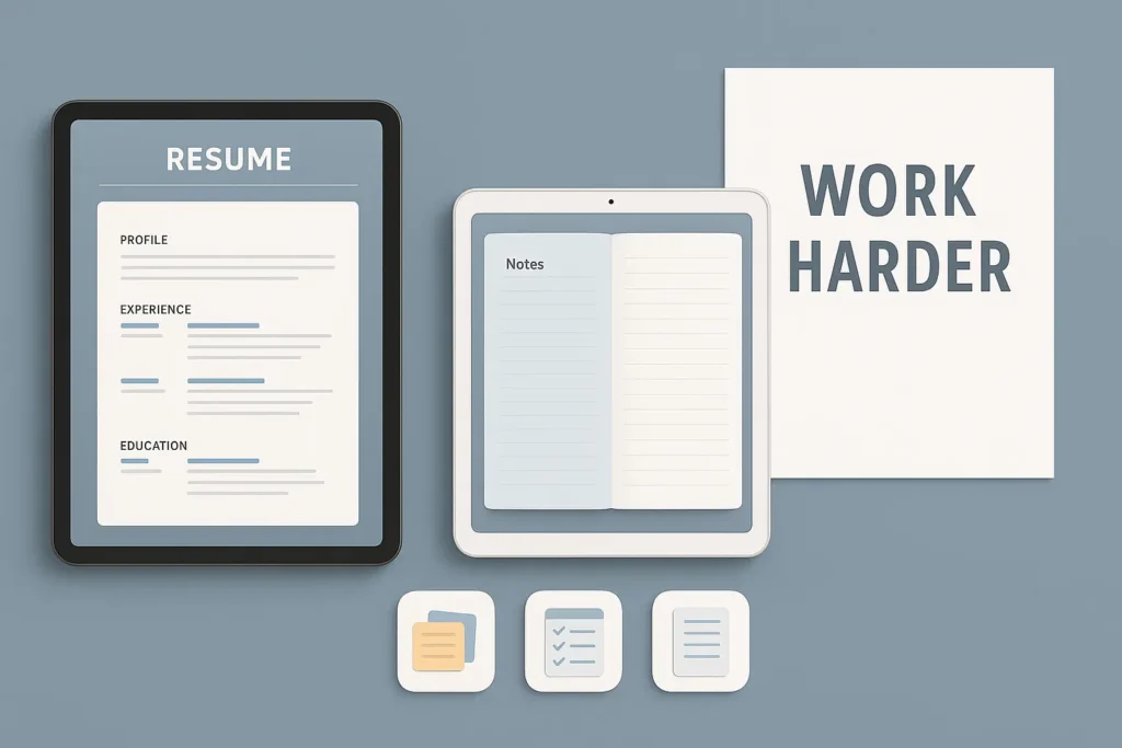 digital products preview including posters, resume templates, ebooks, and study tools