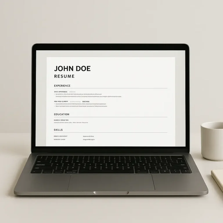Minimal professional workspace with laptop showing ATS-optimized resume for John Doe, highlighting Experience, Education, and Skills for online resume writing services