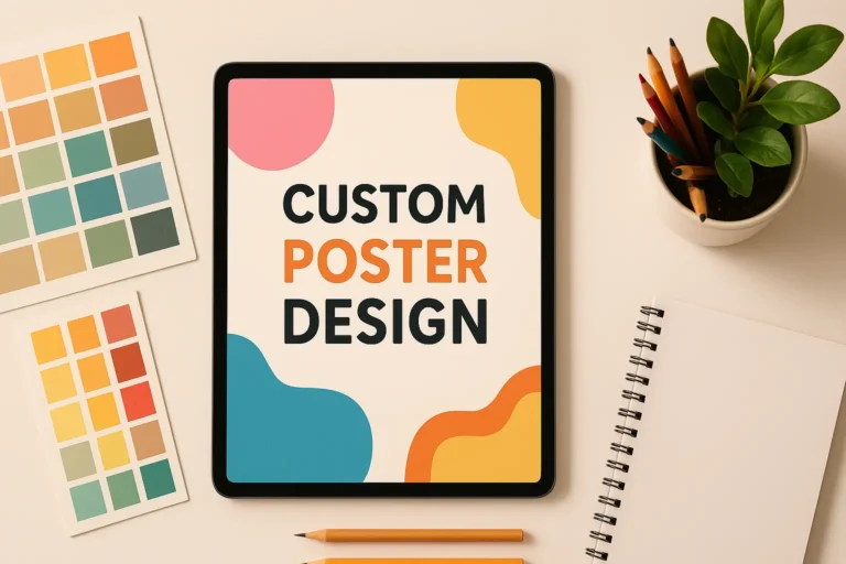 Creative designer’s workspace with tablet displaying colorful custom poster design, surrounded by color swatches and pencils, perfect for online poster design services