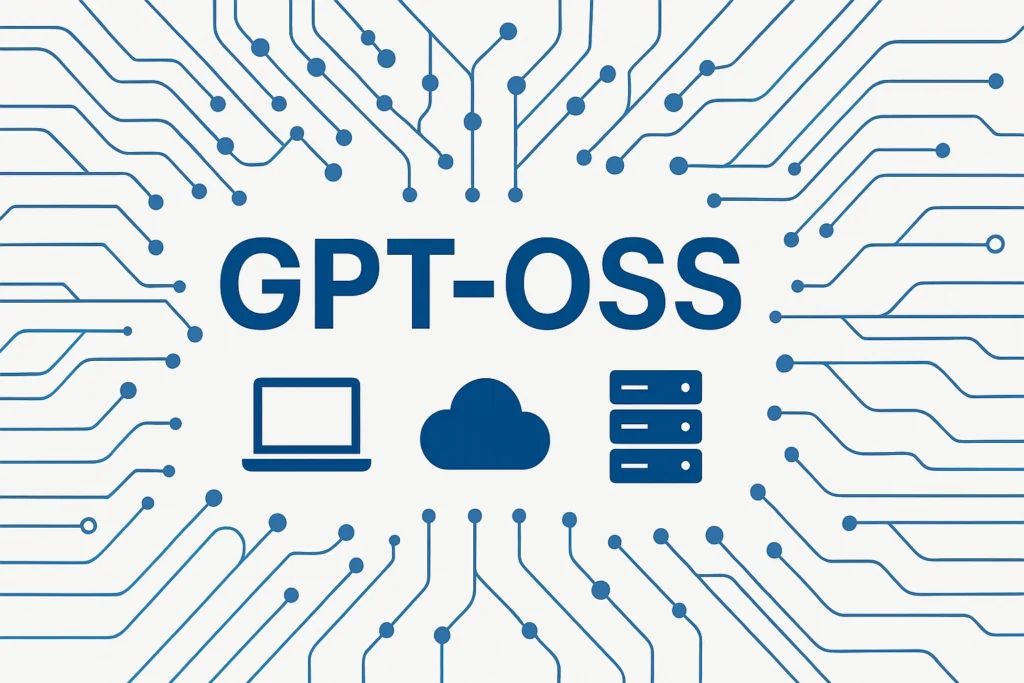 GPT-OSS open-source AI model deployment graphic with cloud and local device icons