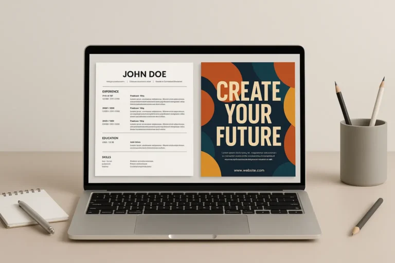 Professional digital workspace with laptop displaying ATS-optimized resume and custom poster design side by side, ideal for online resume and poster design services