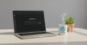 Laptop showing Comet browser homepage on wooden table with plant and coffee cup, clean workspace setup for tech blog