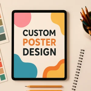 Custom Poster Design Service | Creative Digital Workspace Creative designer’s workspace with tablet displaying colorful custom poster design, surrounded by color swatches and pencils, perfect for online poster design services